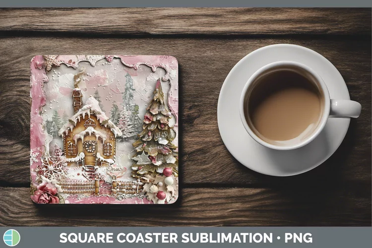 Vintage Pink Christmas Gingerbread House Square Coaster Subl
