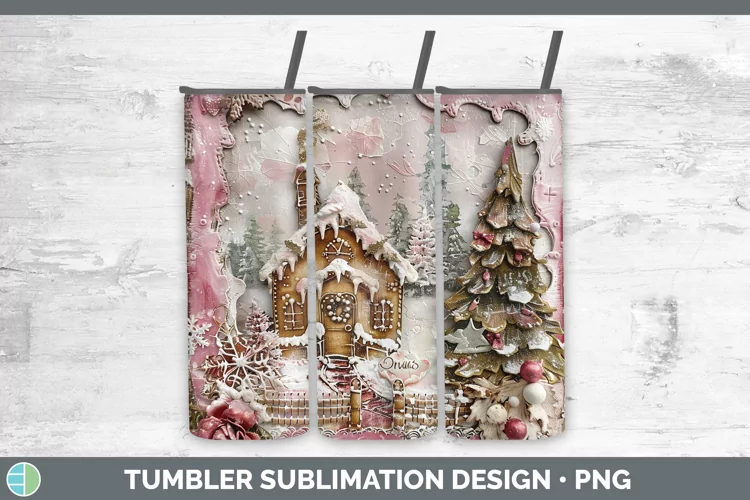 Vintage Pink Christmas Gingerbread House Tumbler Sublimation