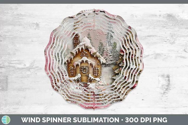 Vintage Pink Christmas Gingerbread House Wind Spinner Sublim