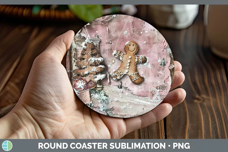 Vintage Pink Christmas Gingerbread Man Round Coaster Sublima