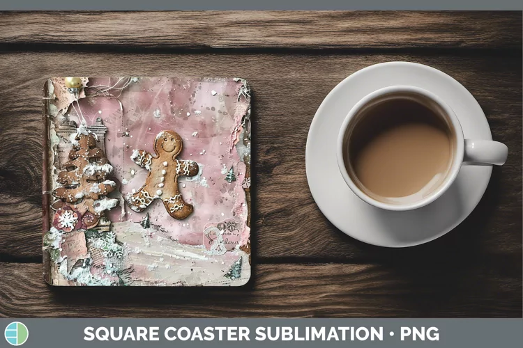 Vintage Pink Christmas Gingerbread Man Square Coaster Sublim