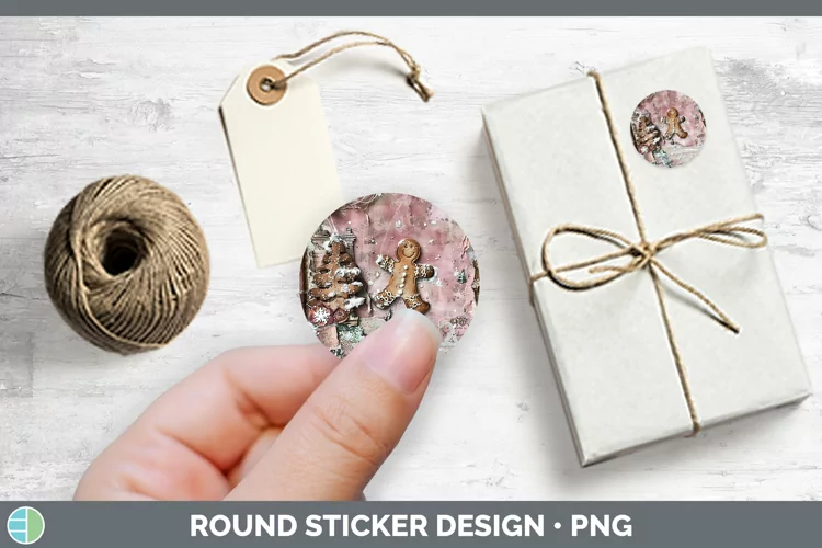 Vintage Pink Christmas Gingerbread Man Stickers | Round Labe