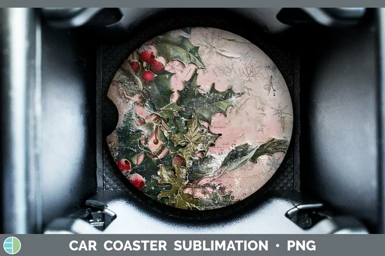 Vintage Pink Christmas Holly Car Coaster Sublimation Coaster