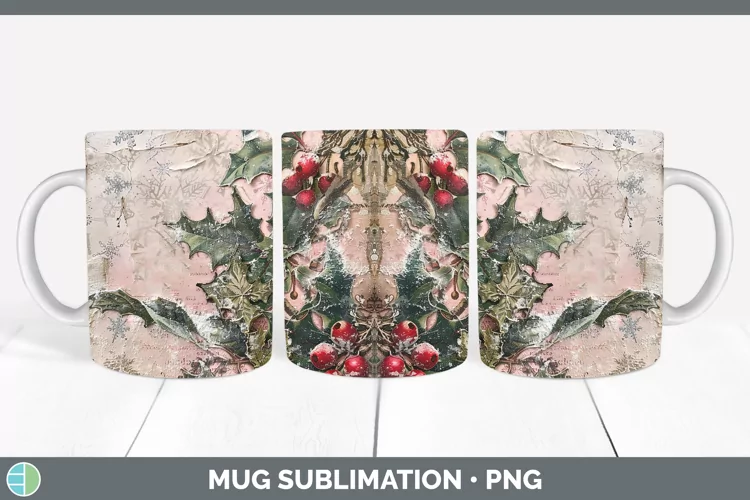 Vintage Pink Christmas Holly Mug Wrap Sublimation Coffee Cup