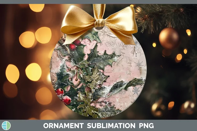 Vintage Pink Christmas Holly Ornament Sublimation Bauble Des