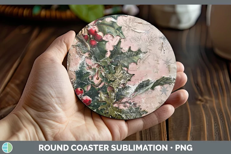 Vintage Pink Christmas Holly Round Coaster Sublimation Coast