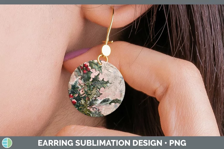 Vintage Pink Christmas Holly Round Earrings Sublimation Earr