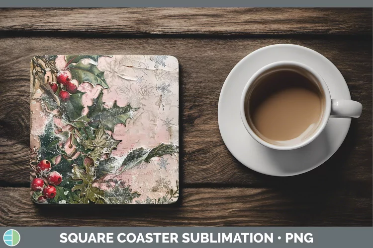 Vintage Pink Christmas Holly Square Coaster Sublimation Coas