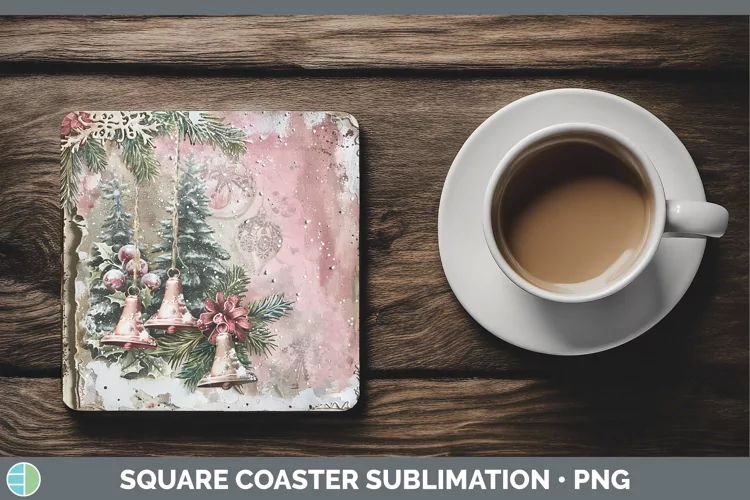 Vintage Pink Christmas Jingle Bells Square Coaster Sublimati