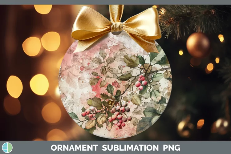 Vintage Pink Christmas Mistletoe Ornament Sublimation Bauble