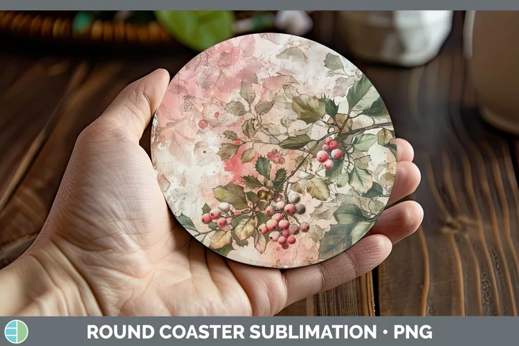 Vintage Pink Christmas Mistletoe Round Coaster Sublimation C