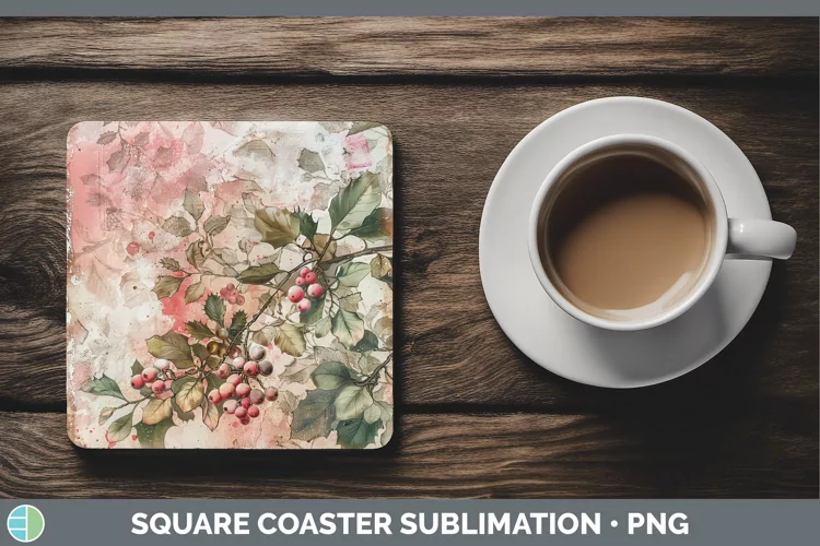Vintage Pink Christmas Mistletoe Square Coaster Sublimation
