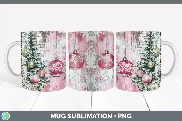 Vintage Pink Christmas Ornaments Mug Wrap Sublimation Coffee