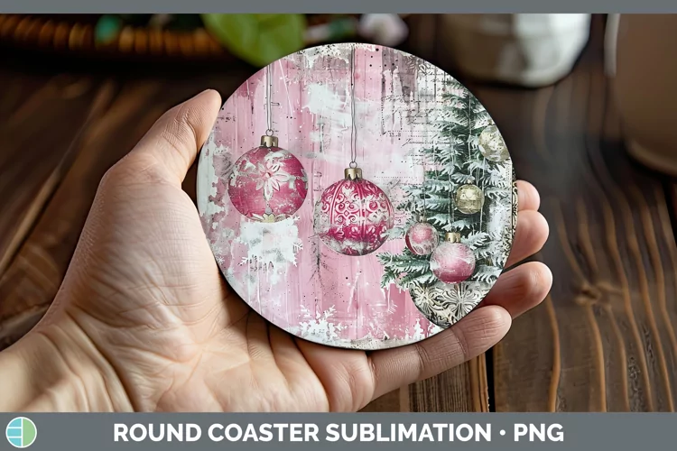 Vintage Pink Christmas Ornaments Round Coaster Sublimation C