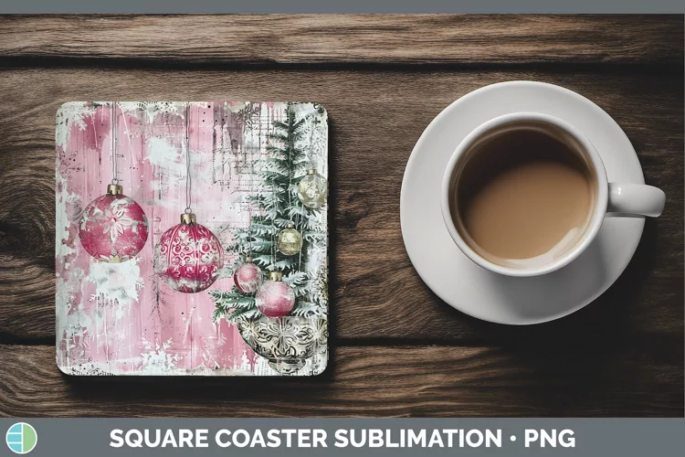 Vintage Pink Christmas Ornaments Square Coaster Sublimation