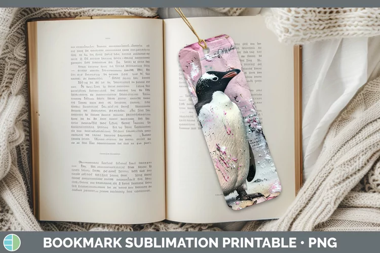 Vintage Pink Christmas Penguin Bookmark Sublimation Printabl