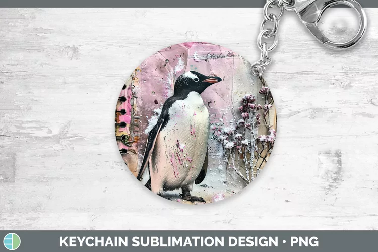 Vintage Pink Christmas Penguin Keychain Sublimation Keyring