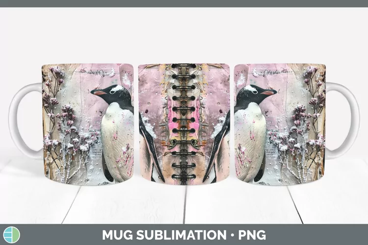 Vintage Pink Christmas Penguin Mug Wrap Sublimation Coffee C