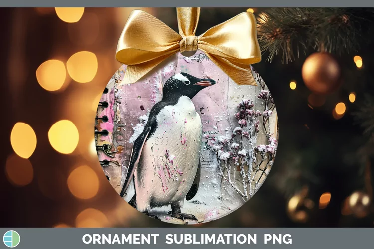Vintage Pink Christmas Penguin Ornament Sublimation Bauble D