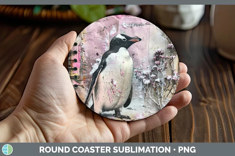 Vintage Pink Christmas Penguin Round Coaster Sublimation Coa