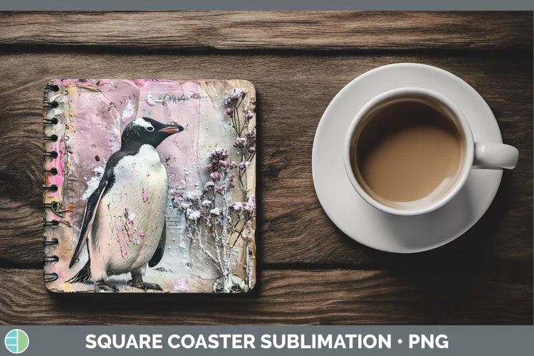 Vintage Pink Christmas Penguin Square Coaster Sublimation Co