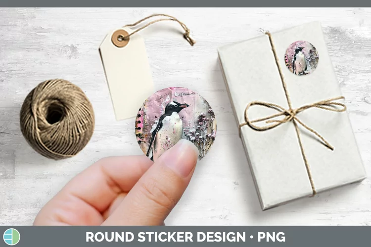 Vintage Pink Christmas Penguin Stickers | Round Labels Desig