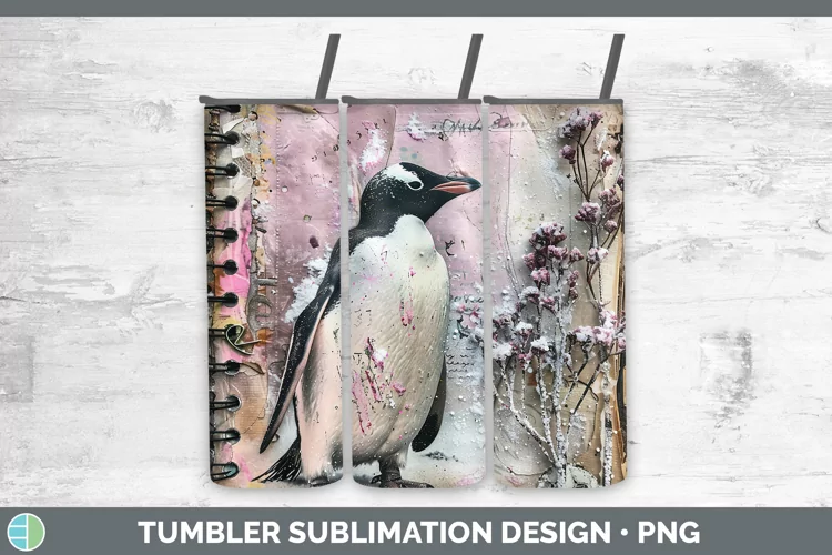 Vintage Pink Christmas Penguin Tumbler Sublimation 20 oz Ski