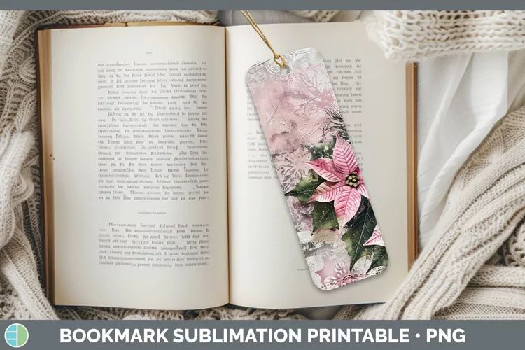 Vintage Pink Christmas Poinsettia Bookmark Sublimation Print