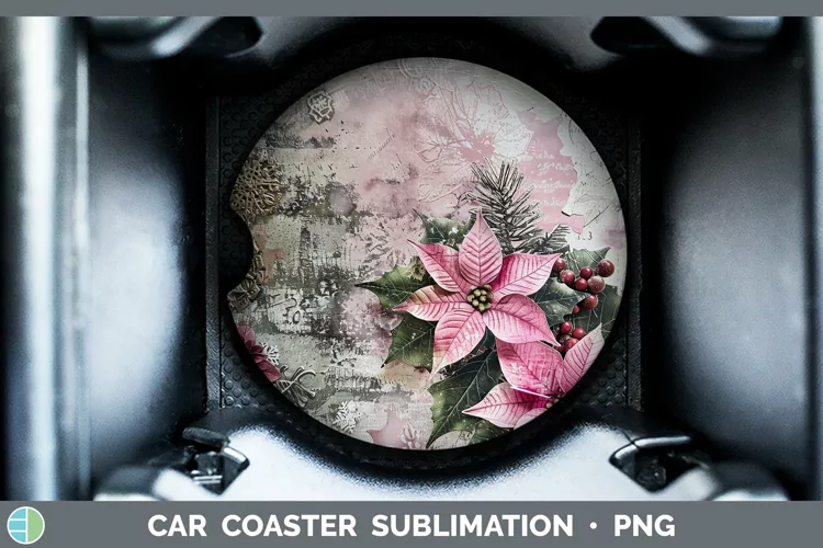 Vintage Pink Christmas Poinsettia Car Coaster Sublimation Co