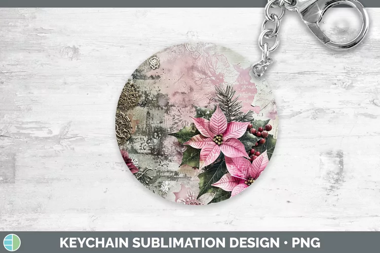 Vintage Pink Christmas Poinsettia Keychain Sublimation Keyri