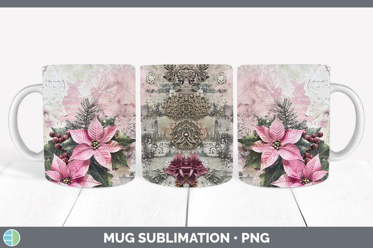 Vintage Pink Christmas Poinsettia Mug Wrap Sublimation Coffe