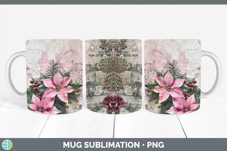 Vintage Pink Christmas Poinsettia Mug Wrap Sublimation Coffe