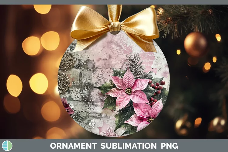 Vintage Pink Christmas Poinsettia Ornament Sublimation Baubl