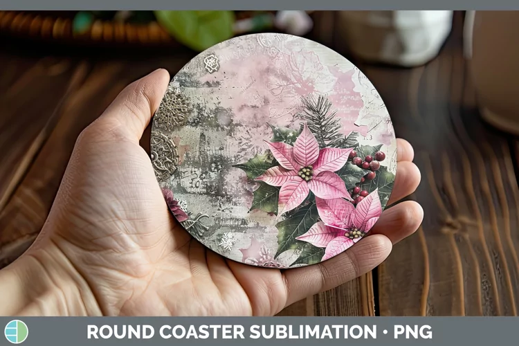 Vintage Pink Christmas Poinsettia Round Coaster Sublimation