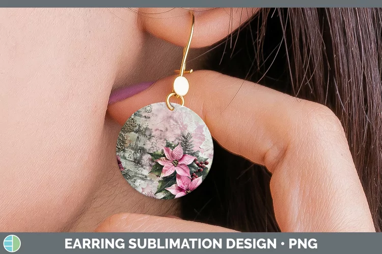 Vintage Pink Christmas Poinsettia Round Earrings Sublimation
