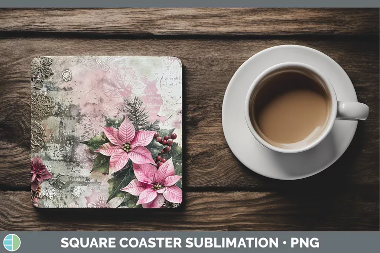 Vintage Pink Christmas Poinsettia Square Coaster Sublimation