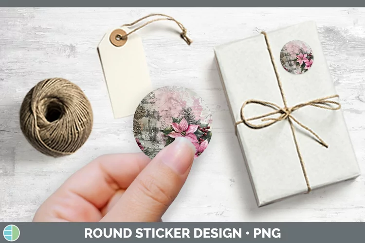 Vintage Pink Christmas Poinsettia Stickers | Round Labels De