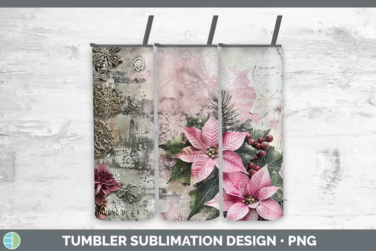 Vintage Pink Christmas Poinsettia Tumbler Sublimation 20 oz