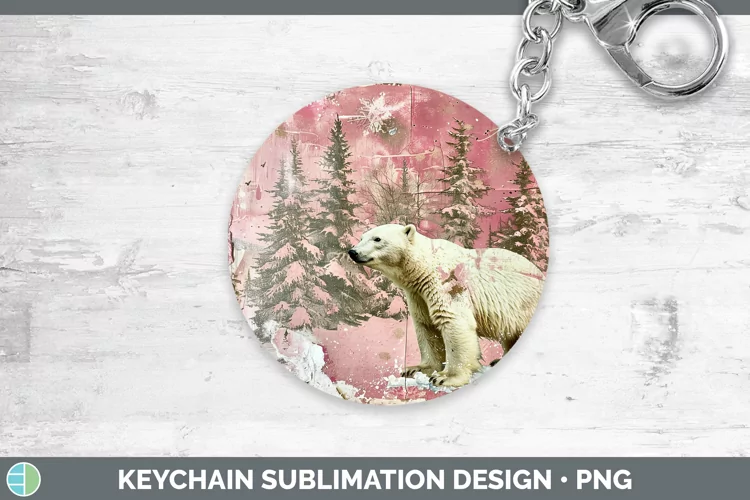Vintage Pink Christmas Polar Bear Keychain Sublimation Keyri