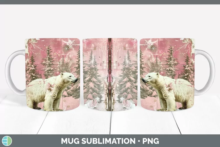 Vintage Pink Christmas Polar Bear Mug Wrap Sublimation Coffe