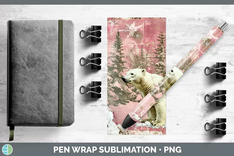 Vintage Pink Christmas Polar Bear Pen Wrap Sublimation Pen D
