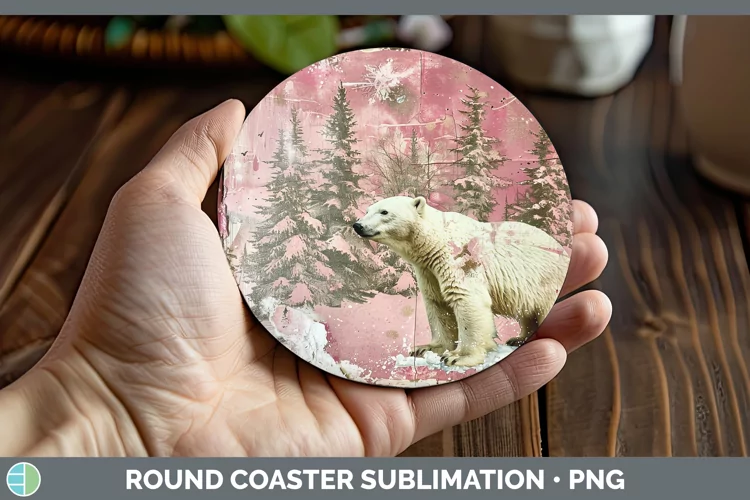 Vintage Pink Christmas Polar Bear Round Coaster Sublimation
