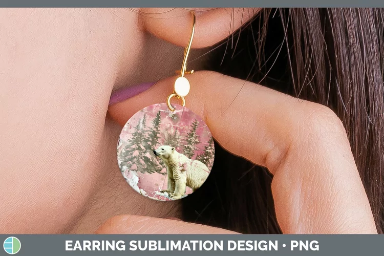 Vintage Pink Christmas Polar Bear Round Earrings Sublimation