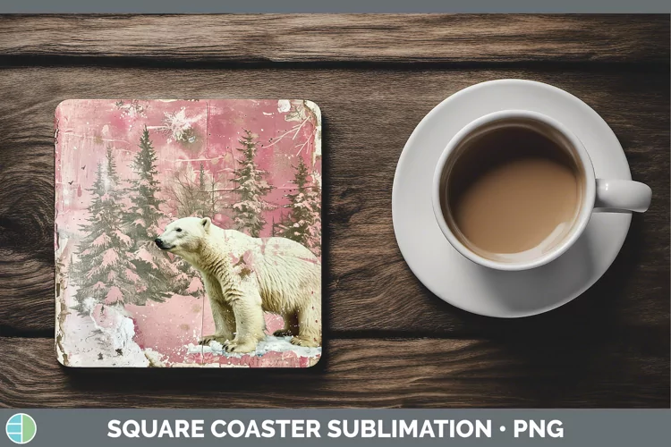 Vintage Pink Christmas Polar Bear Square Coaster Sublimation