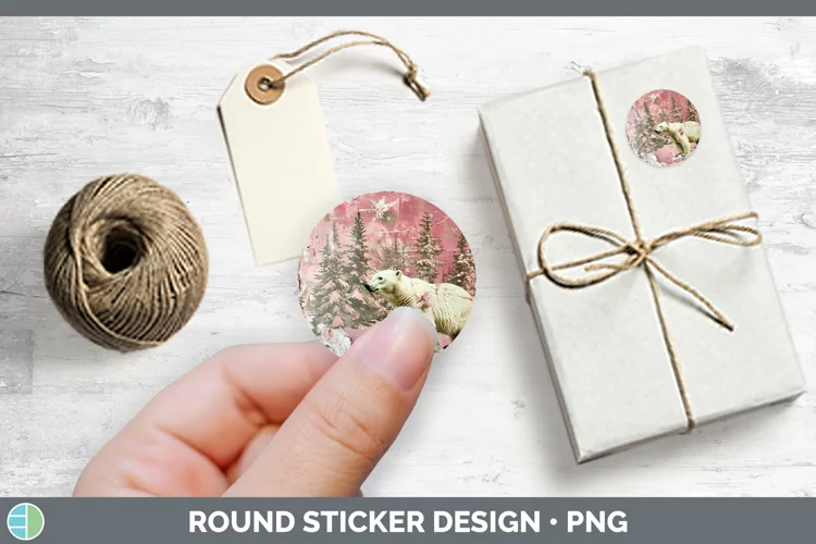 Vintage Pink Christmas Polar Bear Stickers | Round Labels De
