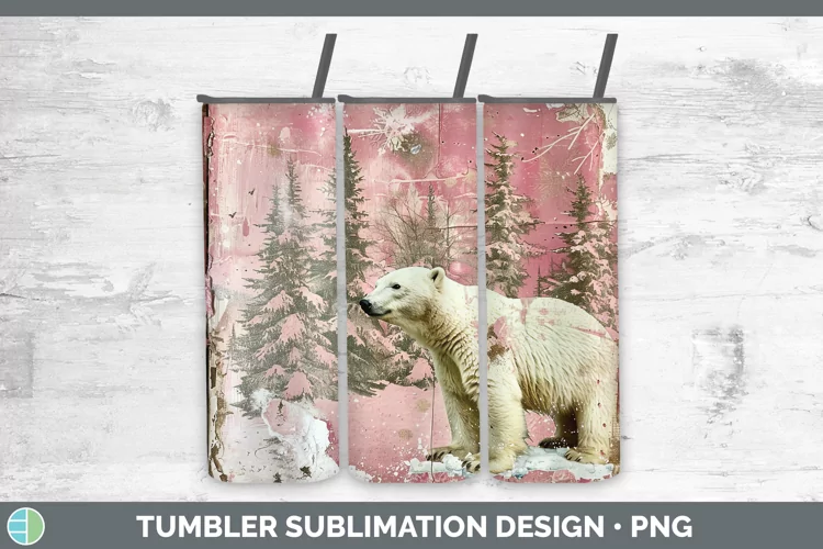 Vintage Pink Christmas Polar Bear Tumbler Sublimation 20 oz