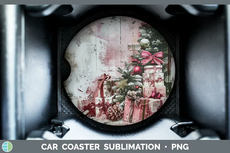 Vintage Pink Christmas Presents Car Coaster Sublimation Des