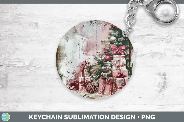 Vintage Pink Christmas Presents Keychain Sublimation Keyring