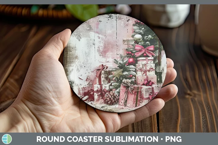 Vintage Pink Christmas Presents Round Coaster Sublimation Co