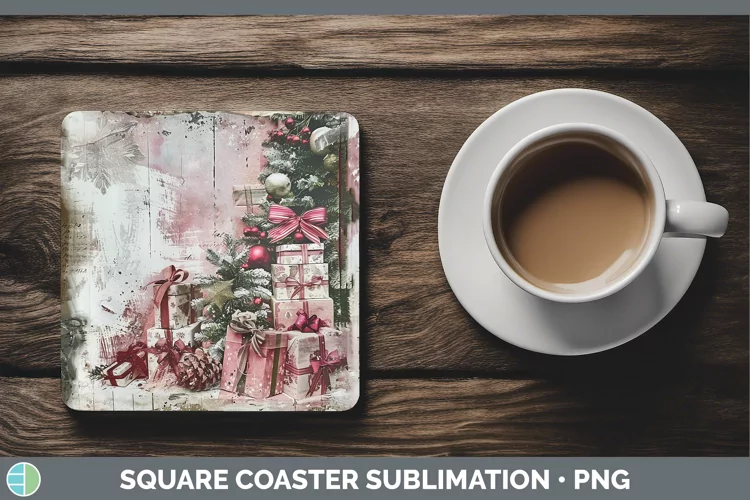 Vintage Pink Christmas Presents Square Coaster Sublimation C
